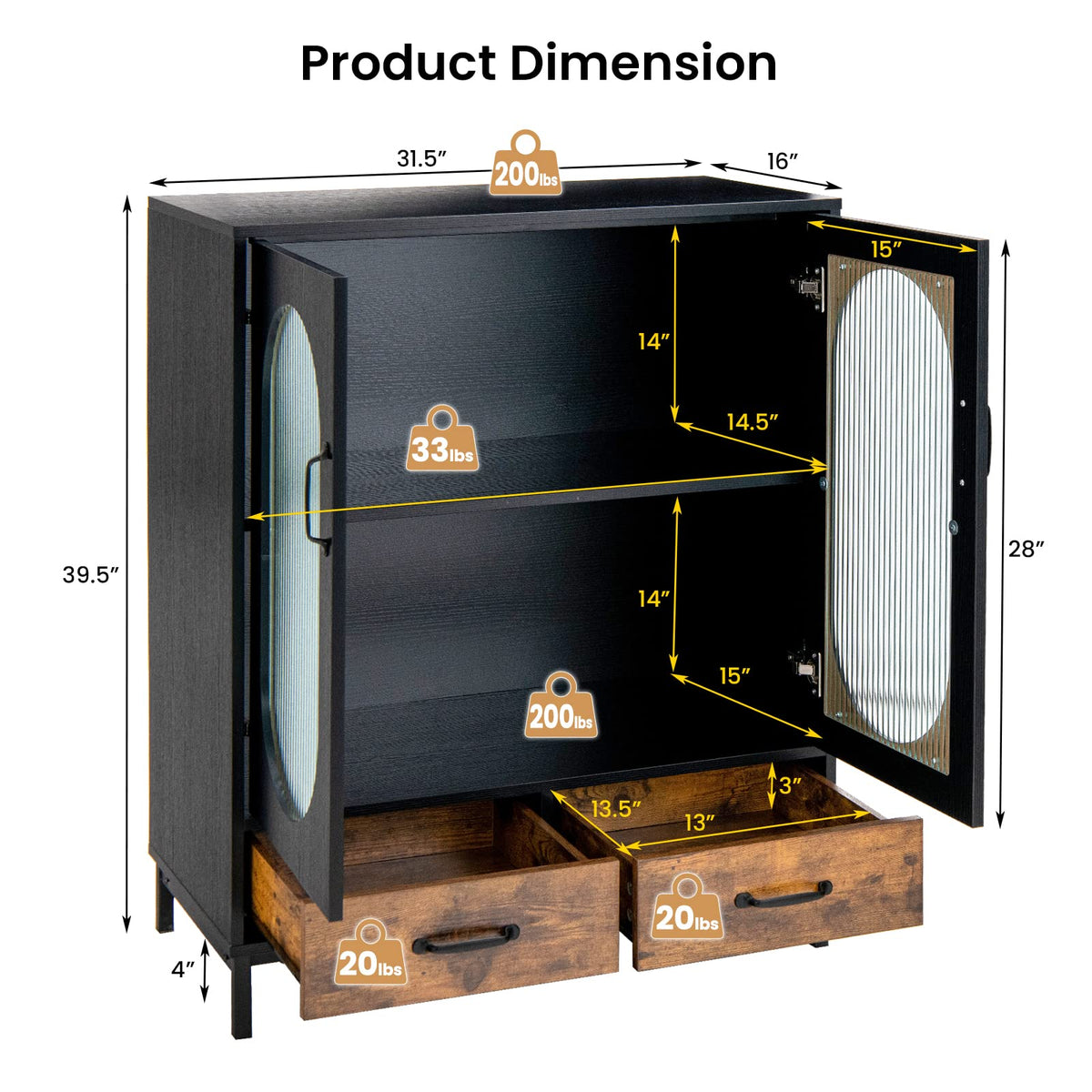 Goflame Buffet Cabinet with 2 Drawers, Wooden Sideboard, Standing 2-Tier Cupboard (Black & Brown)