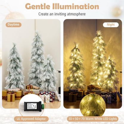 Goflame 3' 4' 5' Pre-Lit Snow Flocked Christmas Tree Set of 3 | Holiday Seasonal Decor