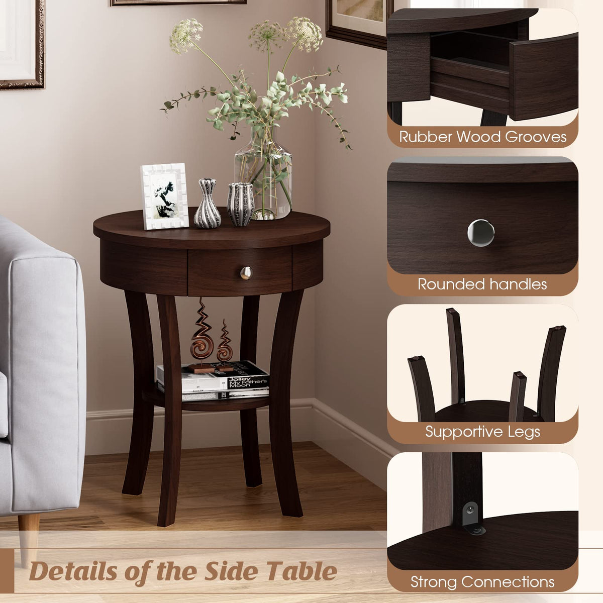 Goflame Round End Table with Drawer, 2-Tier Wood Side Table w/Open Shelf