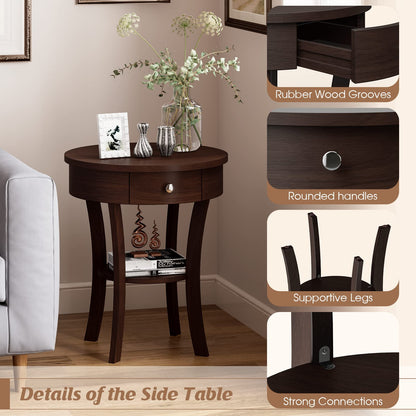 Goflame Round End Table with Drawer, 2-Tier Wood Side Table w/Open Shelf