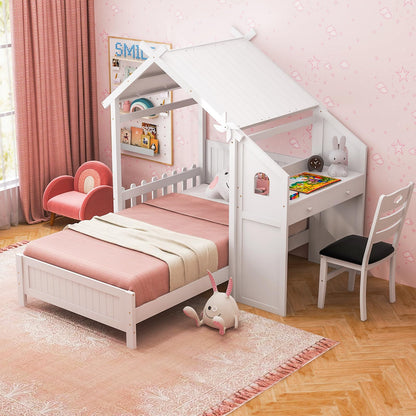 Goflame Twin House Bed with Desk & Chair, Wood Kids Playhouse Bed with 2 Drawers