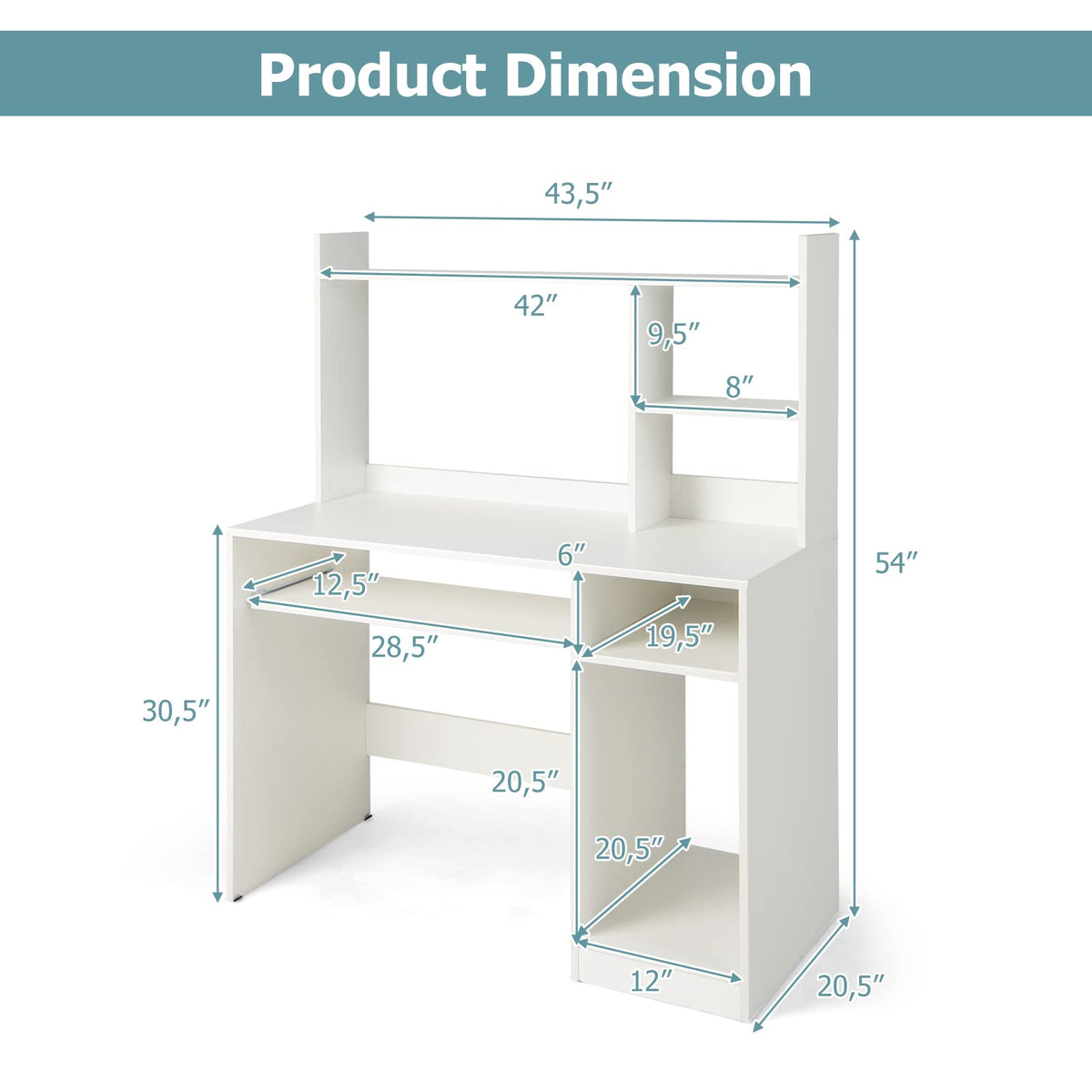 Goflame White Computer Desk with Hutch and Bookshelf