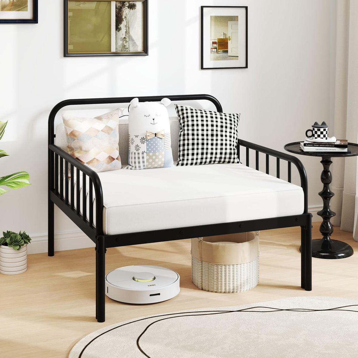 Goflame Metal Twin Bed Frame, Convertible Sofa Bed with Headboard & Armrests, Pull-Out Sleeper Chair Bed