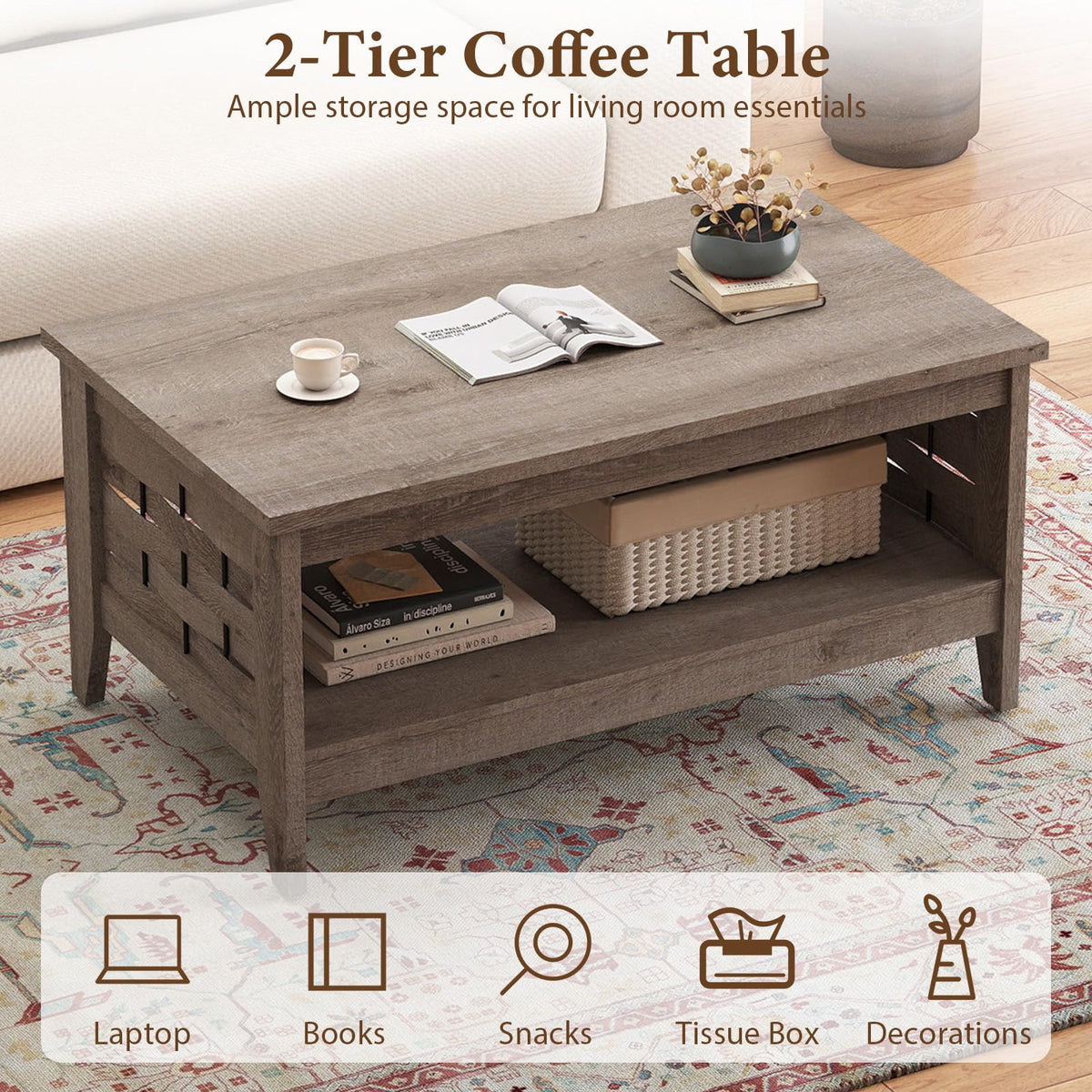 Goflame 2-Tier Farmhouse Coffee Table with Open Shelf and Woven Decorations for Living Room