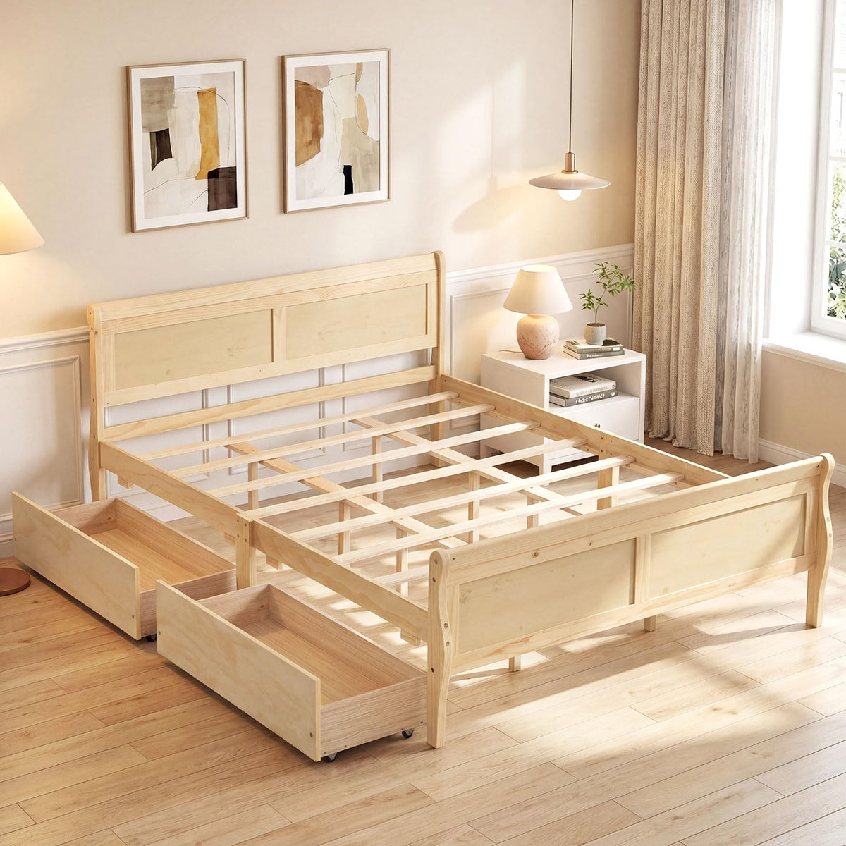 Goflame Twin/ Full/ Queen Bed with 2 Storage Drawers Wood Platform Bed with Headboard & Footboard