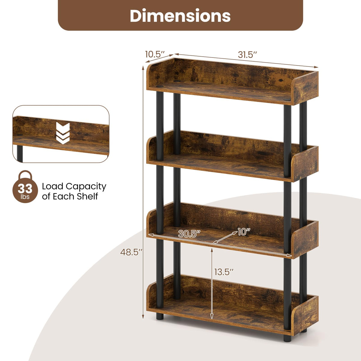 Goflame 4-Tier Freestanding Bookcase with Anti-Tipping Kit | 4 Shelf Bookcase for Living Room Bedroom Study