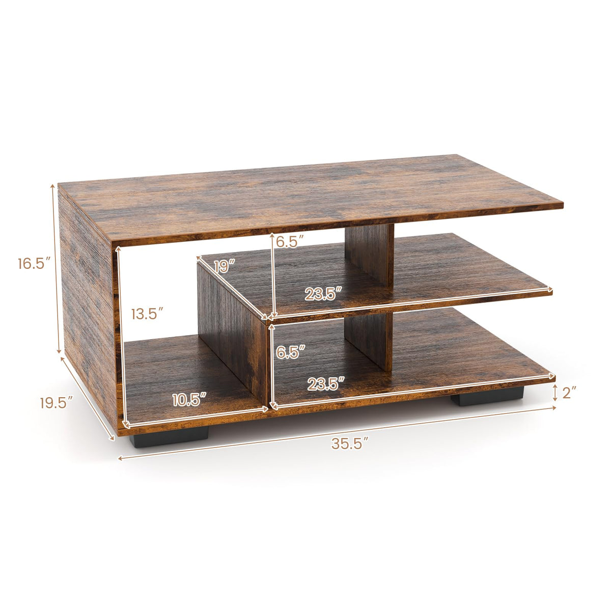 Goflame Coffee Table with Storage, Modern Rectangular Accent Table with L-shaped Middle Shelf