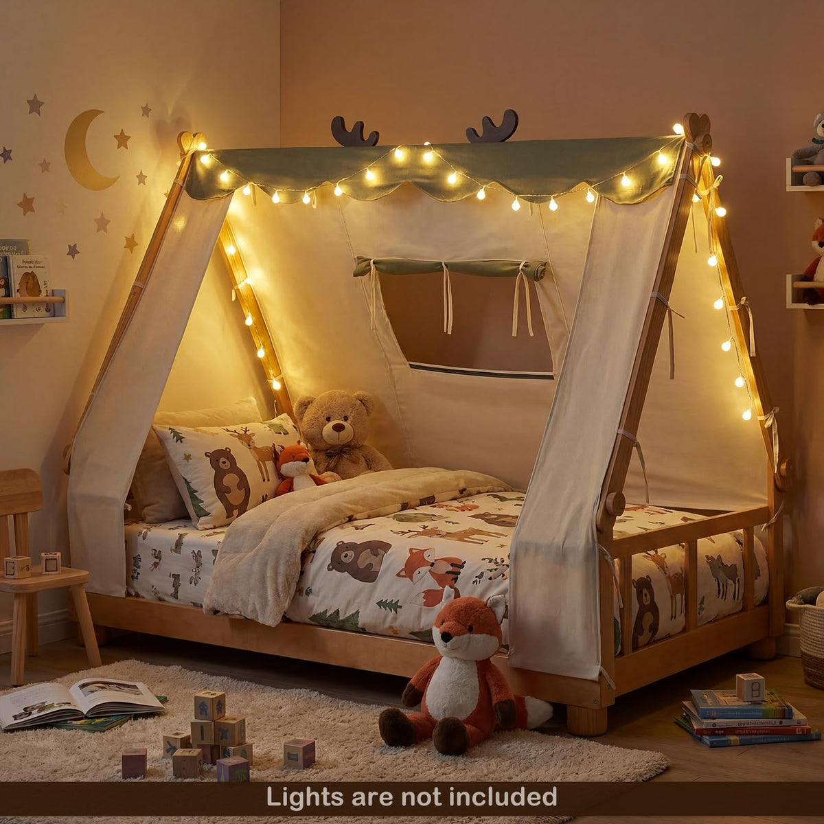 Goflame Twin Size House Floor Wood Bed with Tent