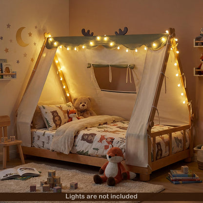 Goflame Twin Size House Floor Wood Bed with Tent
