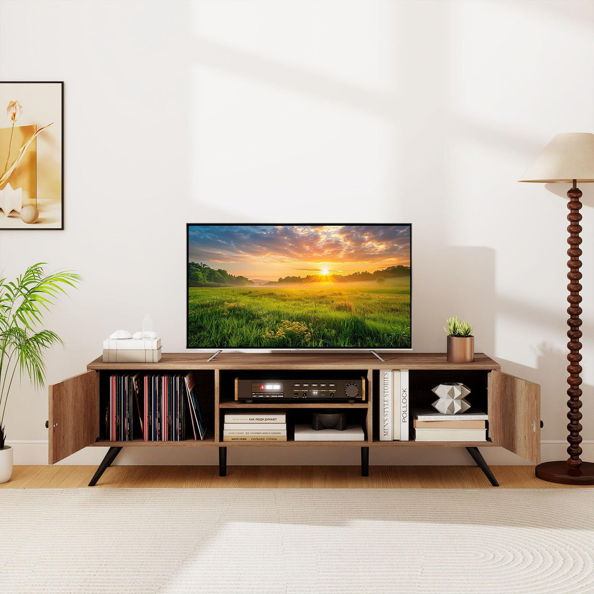 Goflame 2-Door TV Stand for TVs up to 65 Inch with Open Shelves