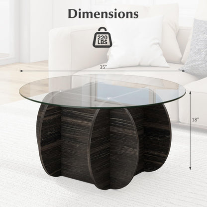 Goflame 35" Glass Round Coffee Table with Storage Tempered Glass Top & Solid Wood Base