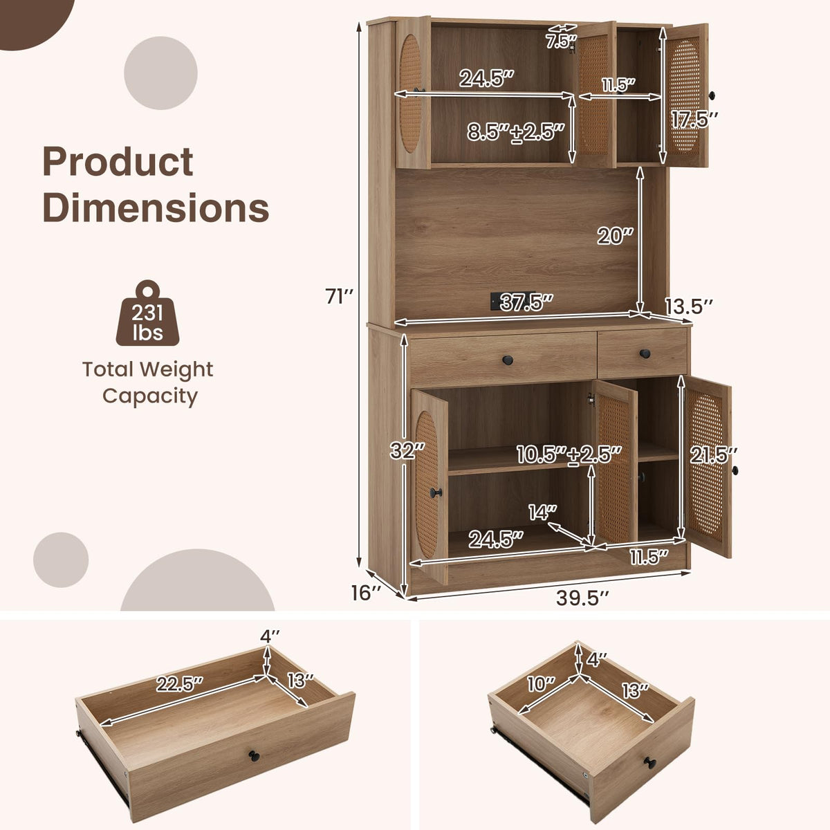 Goflame Kitchen Hutch, 71" Tall Boho Pantry Cabinet