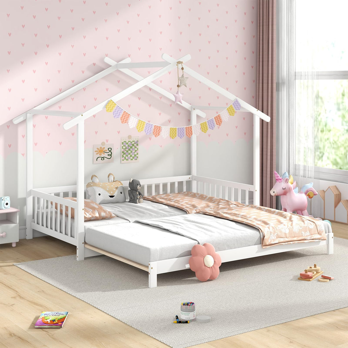 Goflame Extendable House Bed for Kids, Twin to King Daybed with Roof & Fence Rails, Wood Kids Bed Frame for Teens