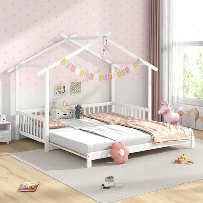 Goflame Extendable House Bed for Kids, Twin to King Daybed with Roof & Fence Rails, Wood Kids Bed Frame for Teens