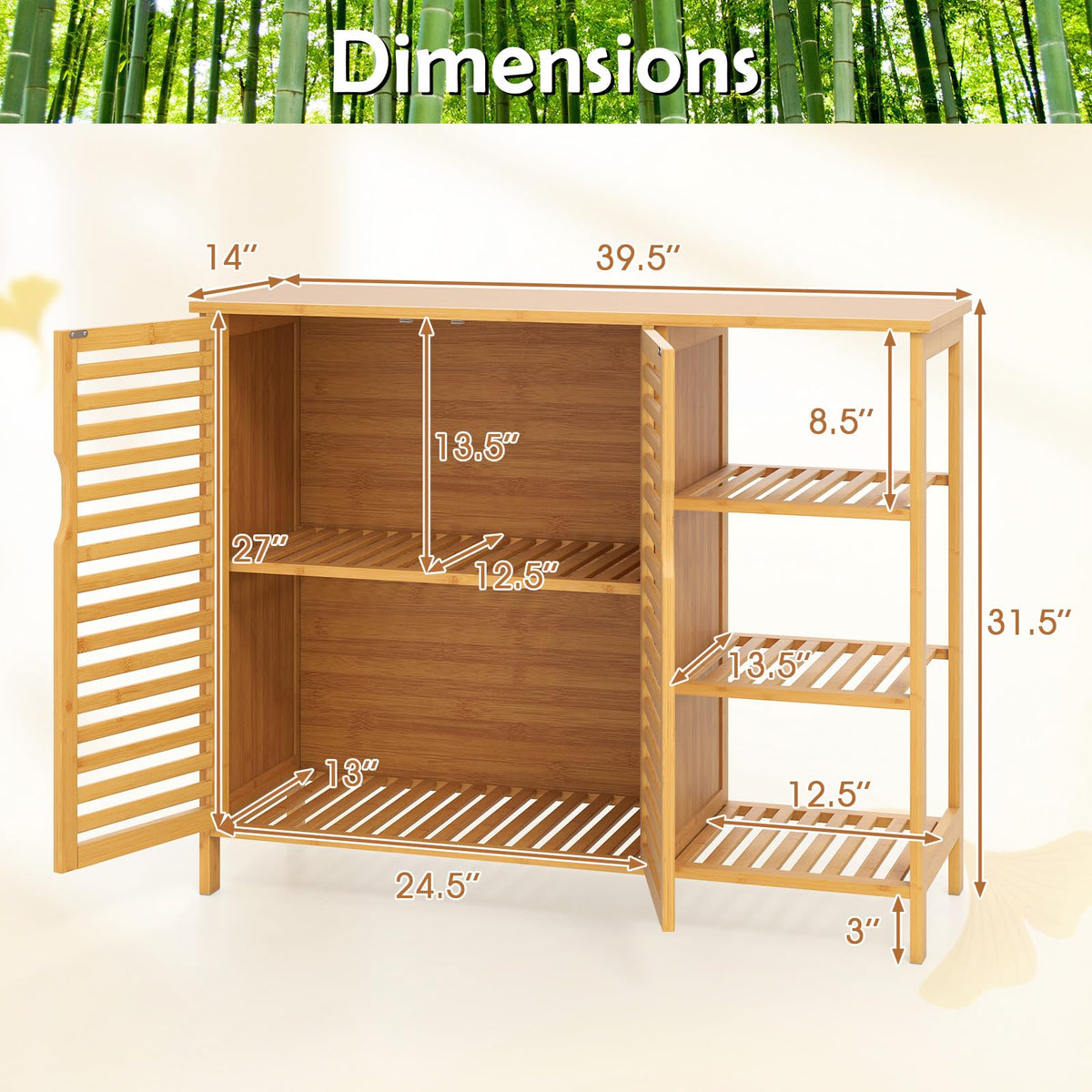 Goflame Bamboo Bathroom Storage Cabinet 2-Door Storage Organizer with Shelves