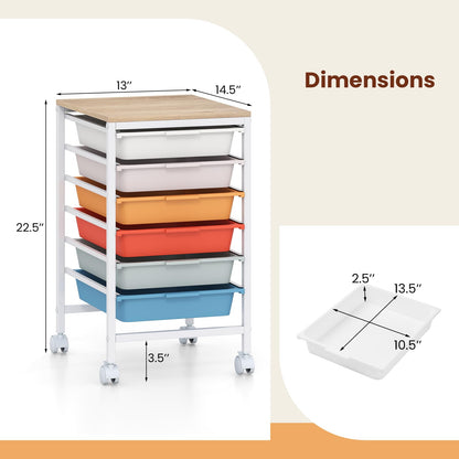 Goflame 6-Drawer Rolling Storage Cart with Wooden Tabletop