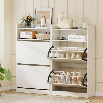 Goflame Shoe Cabinet with 2 Flip Drawers Freestanding Narrow Shoe Organizer Cabinet