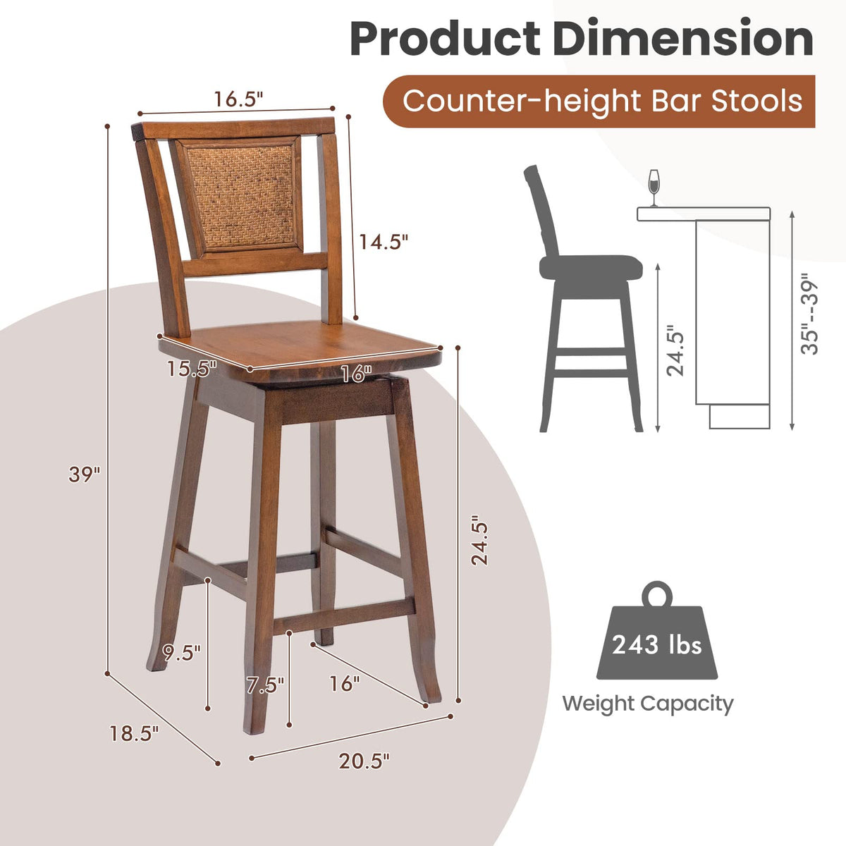 Goflame 24.5 Inch Counter Height Bar Stool with Rattan Back