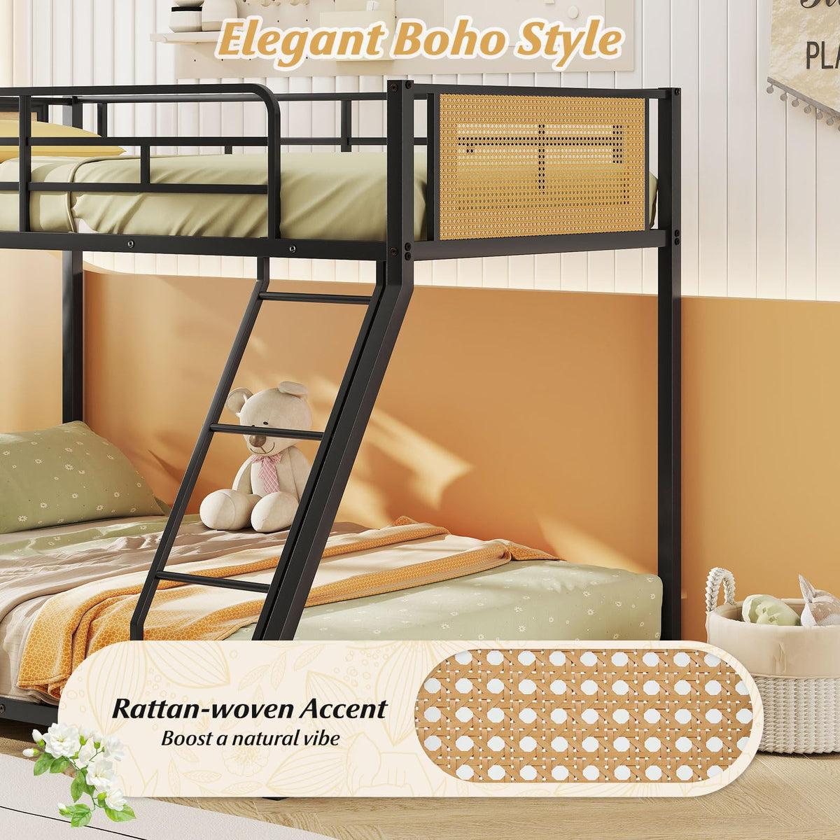 Goflame Twin Over Full Metal Bunk Bed, Boho Rattan Floor Bunkbeds