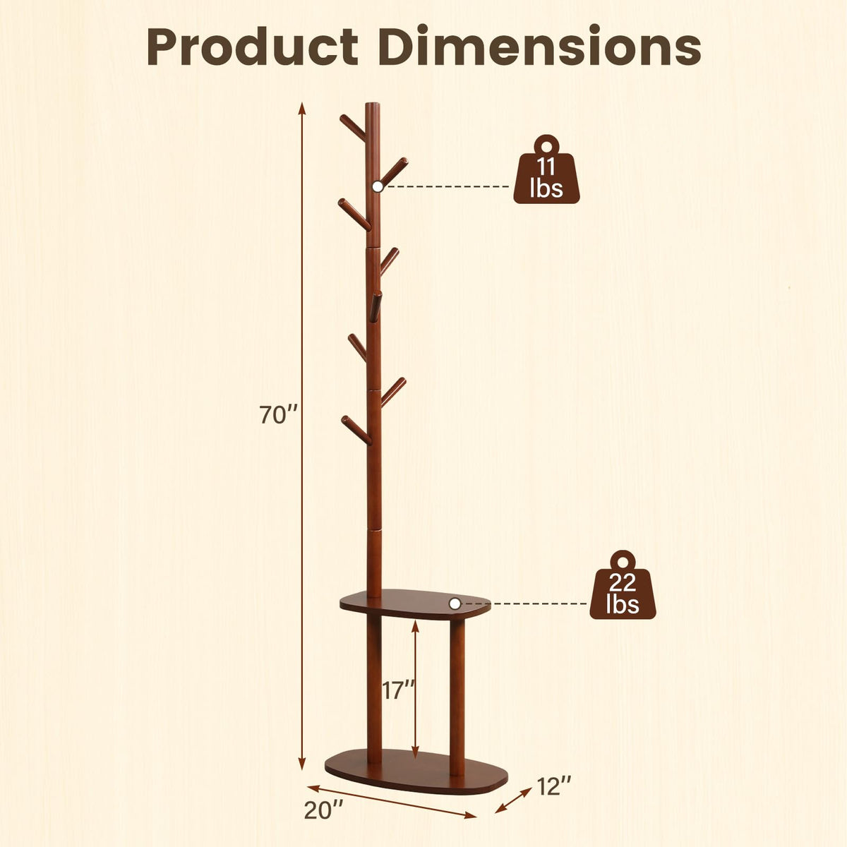 Goflame 70" Solid Wood Clothing Rack with 8 Hooks and 2 Storage Shelves
