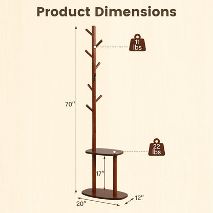 Goflame 70" Solid Wood Clothing Rack with 8 Hooks and 2 Storage Shelves