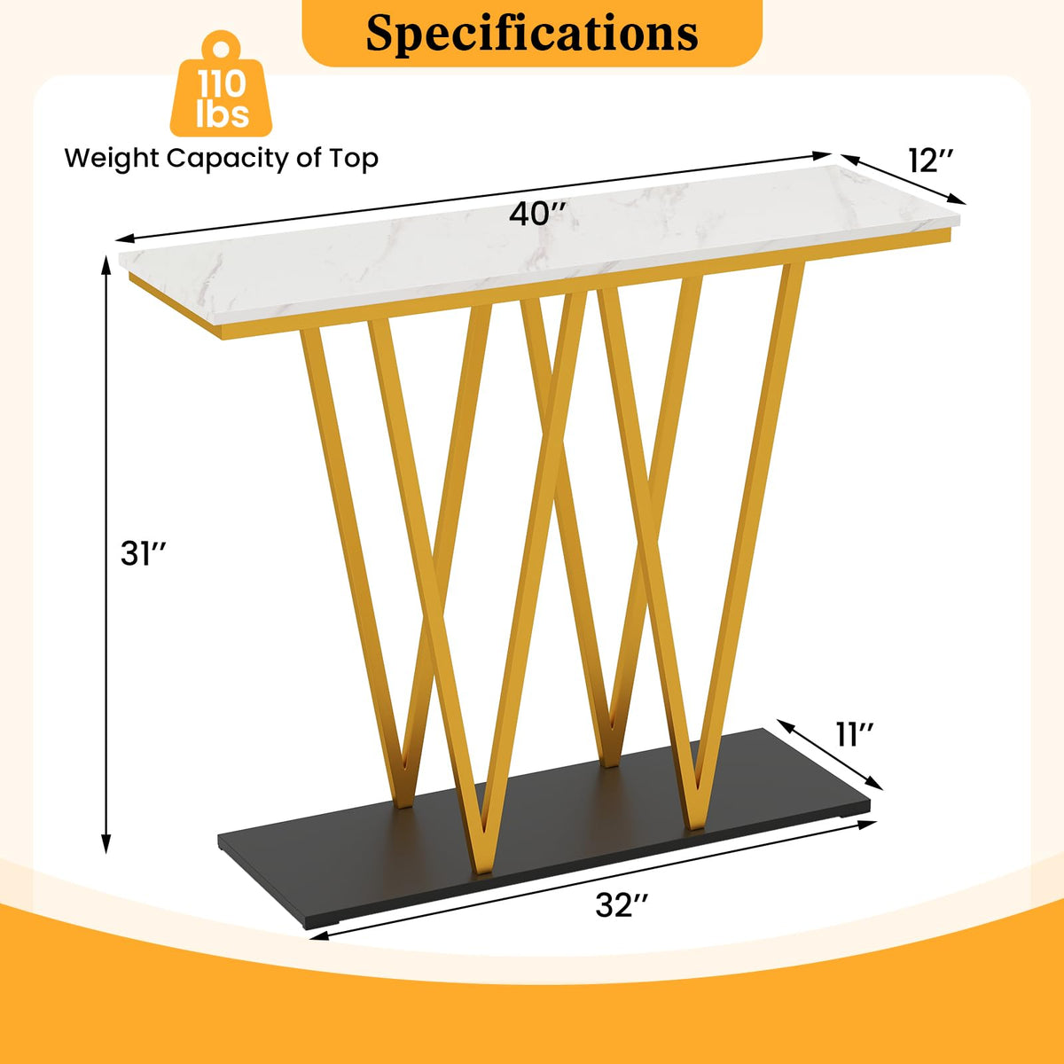 Goflame Gold Entryway Table 40 Inch Modern Console Table with Faux Marble Table and Metal Frame