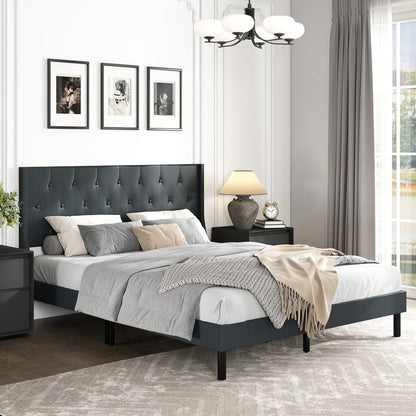 Goflame Queen Size Upholstered Bed Frame Linen Fabric Platform Bed with Button Tufted Wingback Headboard
