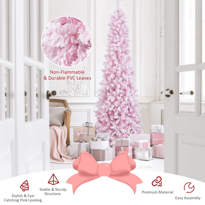 Goflame 7ft Pre-Lit Pencil Christmas Tree, Snow Flocked Artificial Slim Tree with 800 Branch Tips - GoflameUS