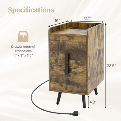 Goflame Nightstand with Charging Station, Narrow End Table with 2 Drawers & Metal Gold Legs