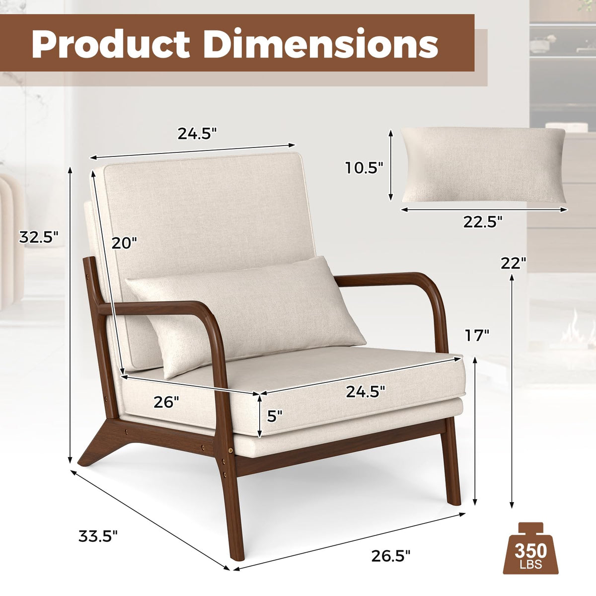 Goflame Mid Century Modern Accent Chair, Upholstered Armchair with Pillow, Rubber Wood Armrests & Legs