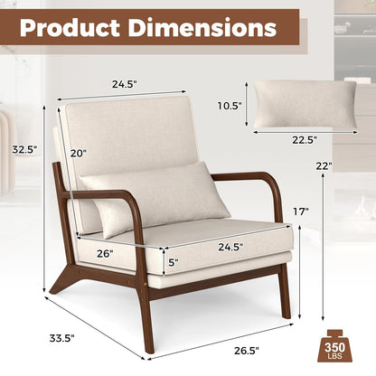 Goflame Mid Century Modern Accent Chair, Upholstered Armchair with Pillow, Rubber Wood Armrests & Legs