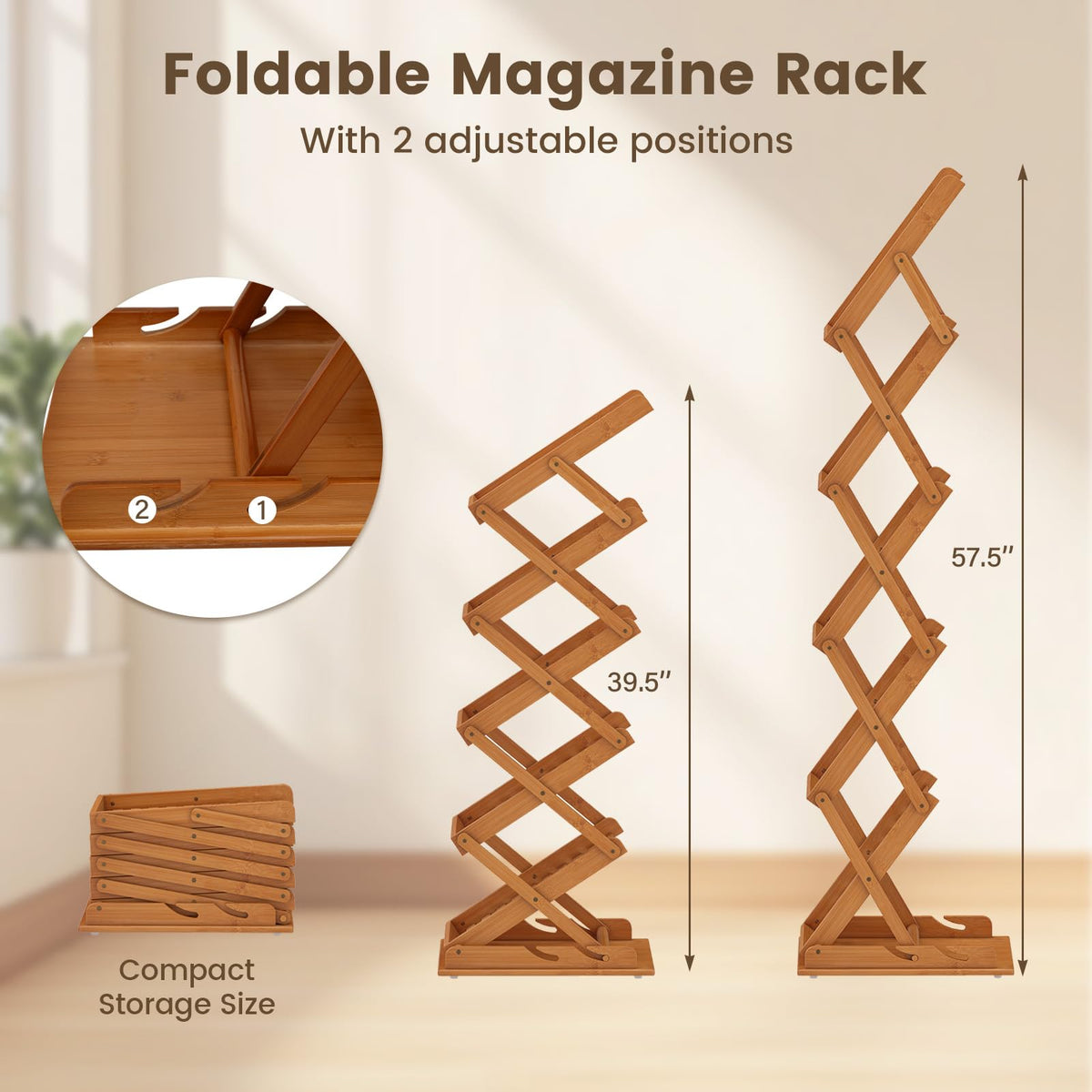 Goflame Foldable Bamboo Magazine Rack with 2 Adjustable Positions