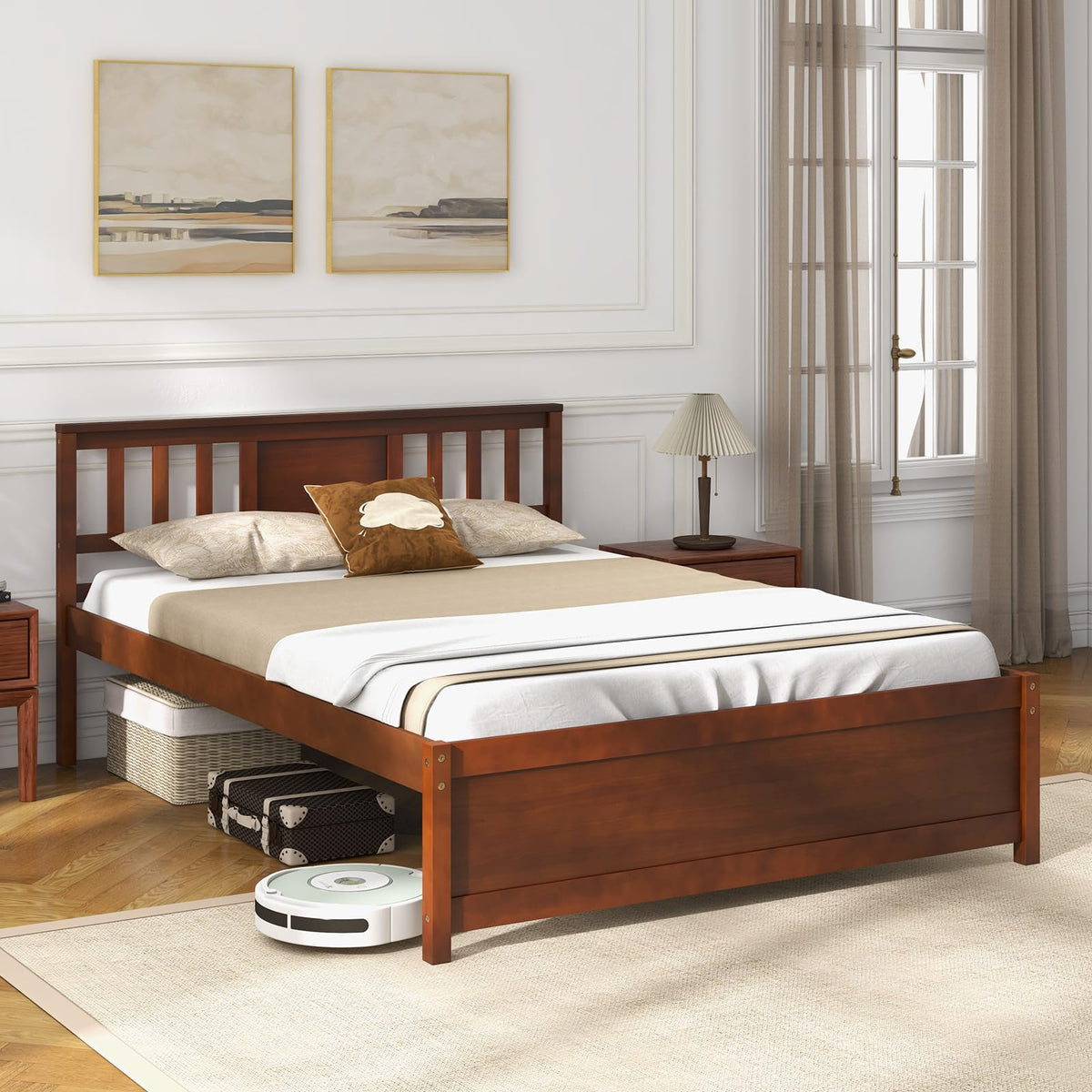 Goflame Solid Wood Platform Bed Frame, Mid Century Full Bed Frame with Headboard