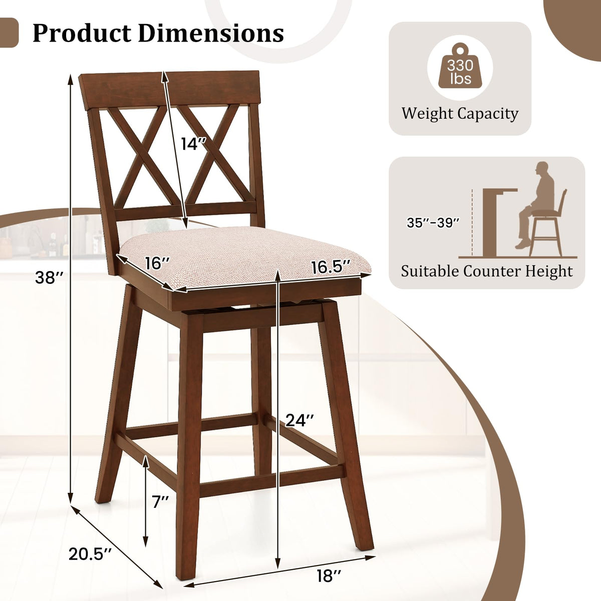 Goflame Counter Height Bar Stool with Crossed Backs and Rubber Wood Legs