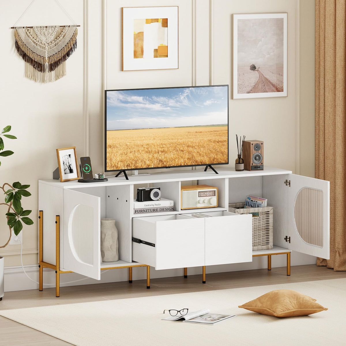 Goflame White TV Stand for TVs up to 70" Modern Entertainment Center with Power Outlets