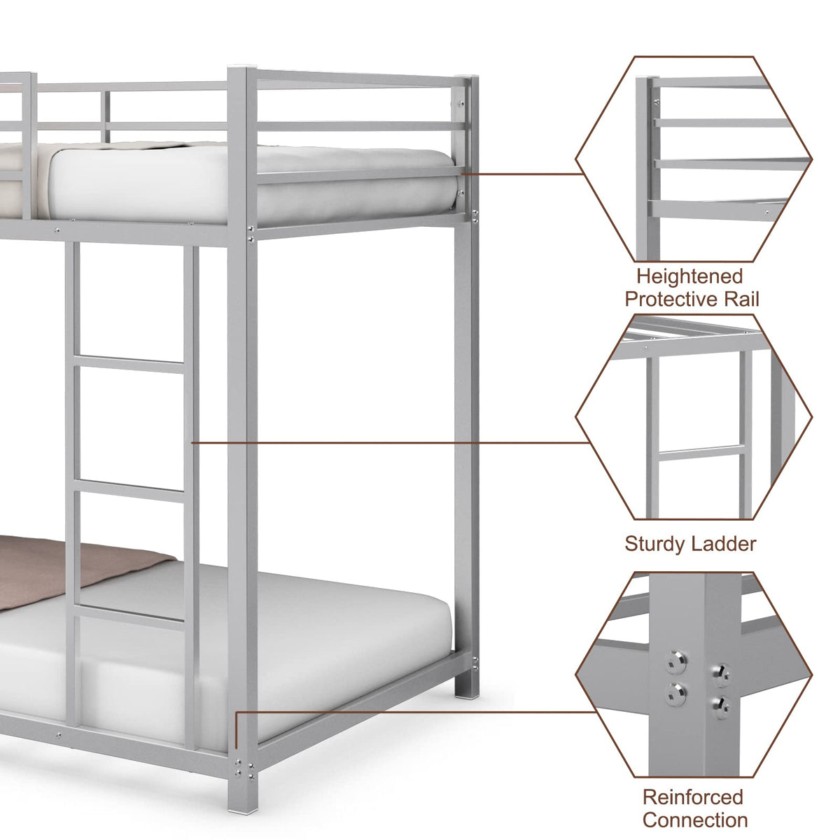 Goflame Metal Bunk Bed Twin Over Twin, Low Profile Bunk Bed Frame with Ladder & Full Length Guardrail