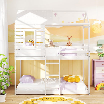 Goflame White Wood Bunk Bed Twin Over Twin with Ladder and Guardrail