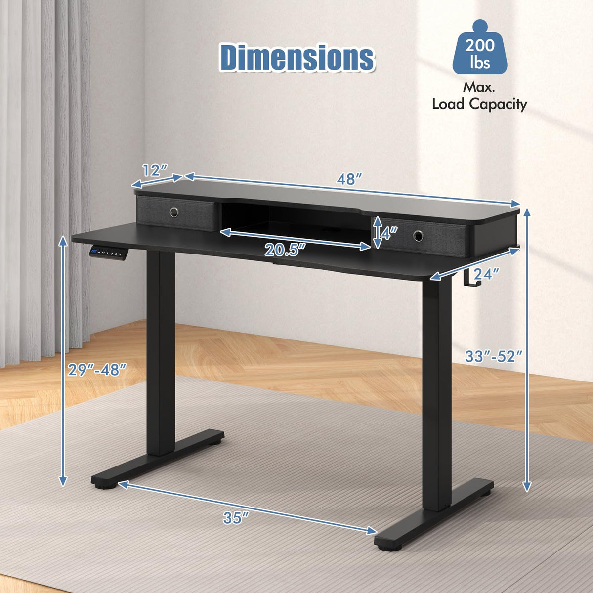 Goflame Electric Standing Desk with 2 Drawers, 48" /55"x 24" Height Adjustable Electric Stand Up Desk with Storage Shelf