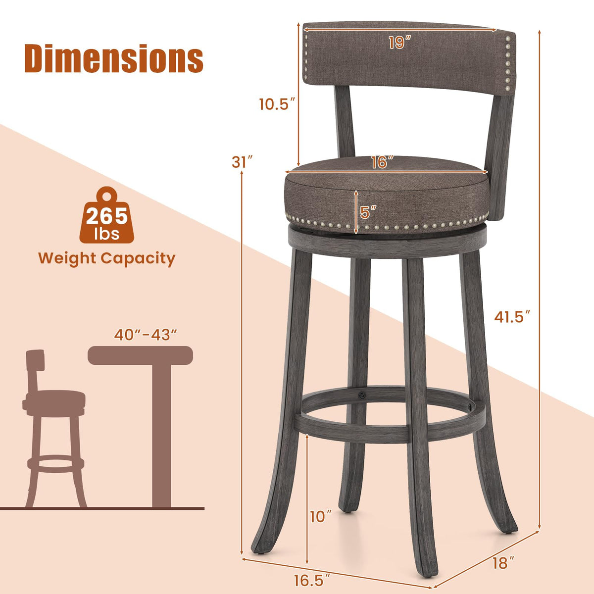 Goflame 31" Bar Stools Set, Swivel Bar Height Bar Chairs with Footrest, Rubber Wood Frame