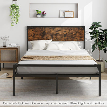 Goflame Full Size Bed Frame with Rustic Headboard & Footboard, Strong Metal Slat Support Mattress Foundation