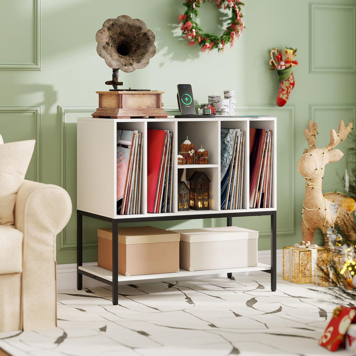 Goflame Record Player Stand with Charging Station Vinyl Record Storage for Music Living Room