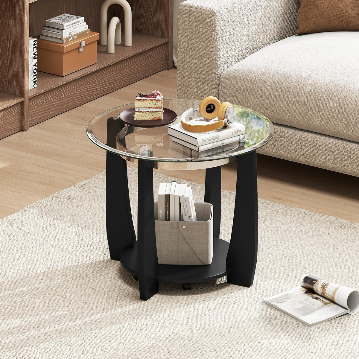 Goflame Round Glass Coffee Table 32" Rolling Center Tables with Wheels