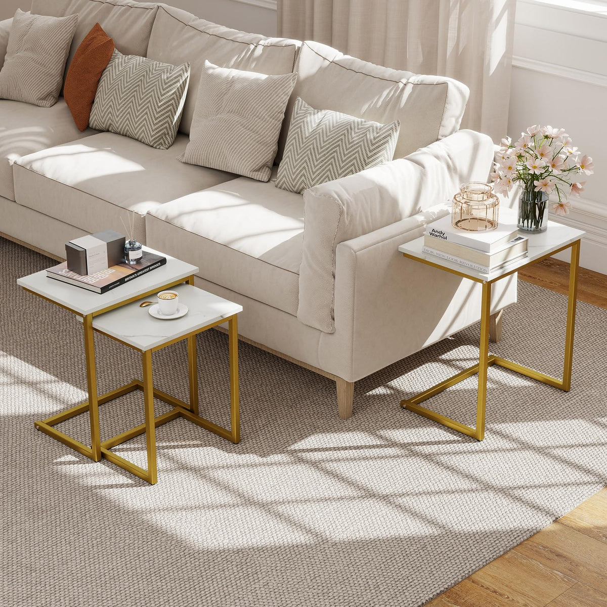 Goflame Nesting Coffee Table Set of 3 Stackable Square End Table w/Faux Marble Tabletop & Heavy-Duty Metal Frame
