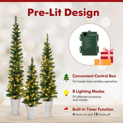 Goflame 3' 4' 5' Pre-Lit Artificial Christmas Tree Set of 3, Slim Pencil Potted Xmas Tree with 423 Branch Tips, 230 Warm White LED Lights