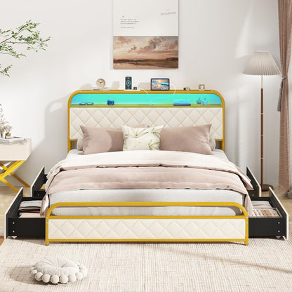 Goflame Queen/Full/Twin Size Bed Frame with 4 Storage Drawers and Charging Station
