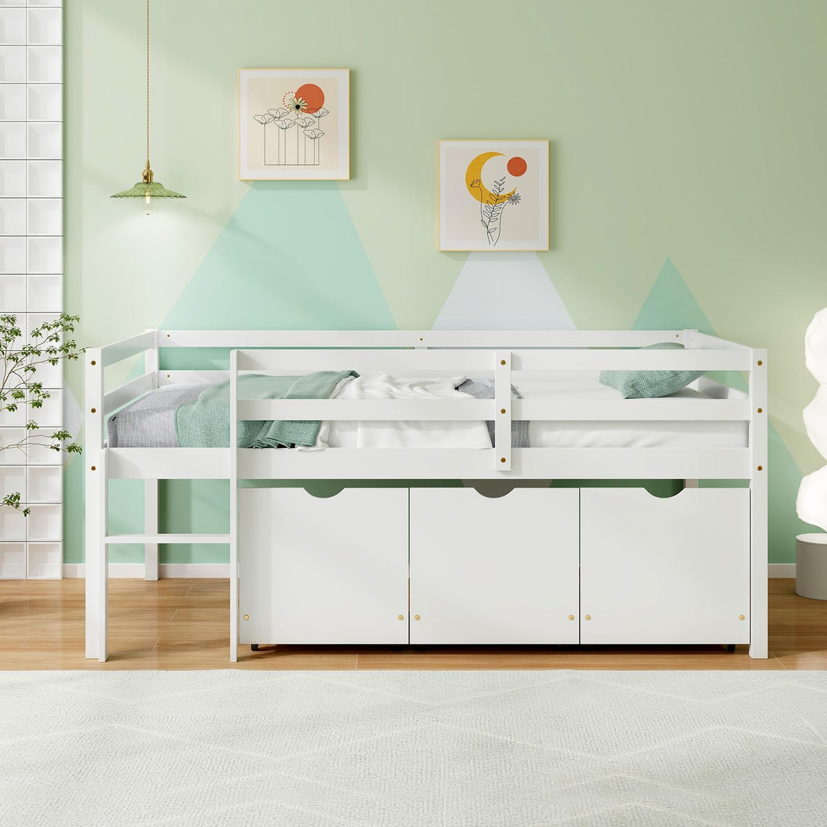 Goflame Twin Low Loft Bed with 3 Drawers, Wooden Loft Bed Frame with Ladder & Full-length Guardrails