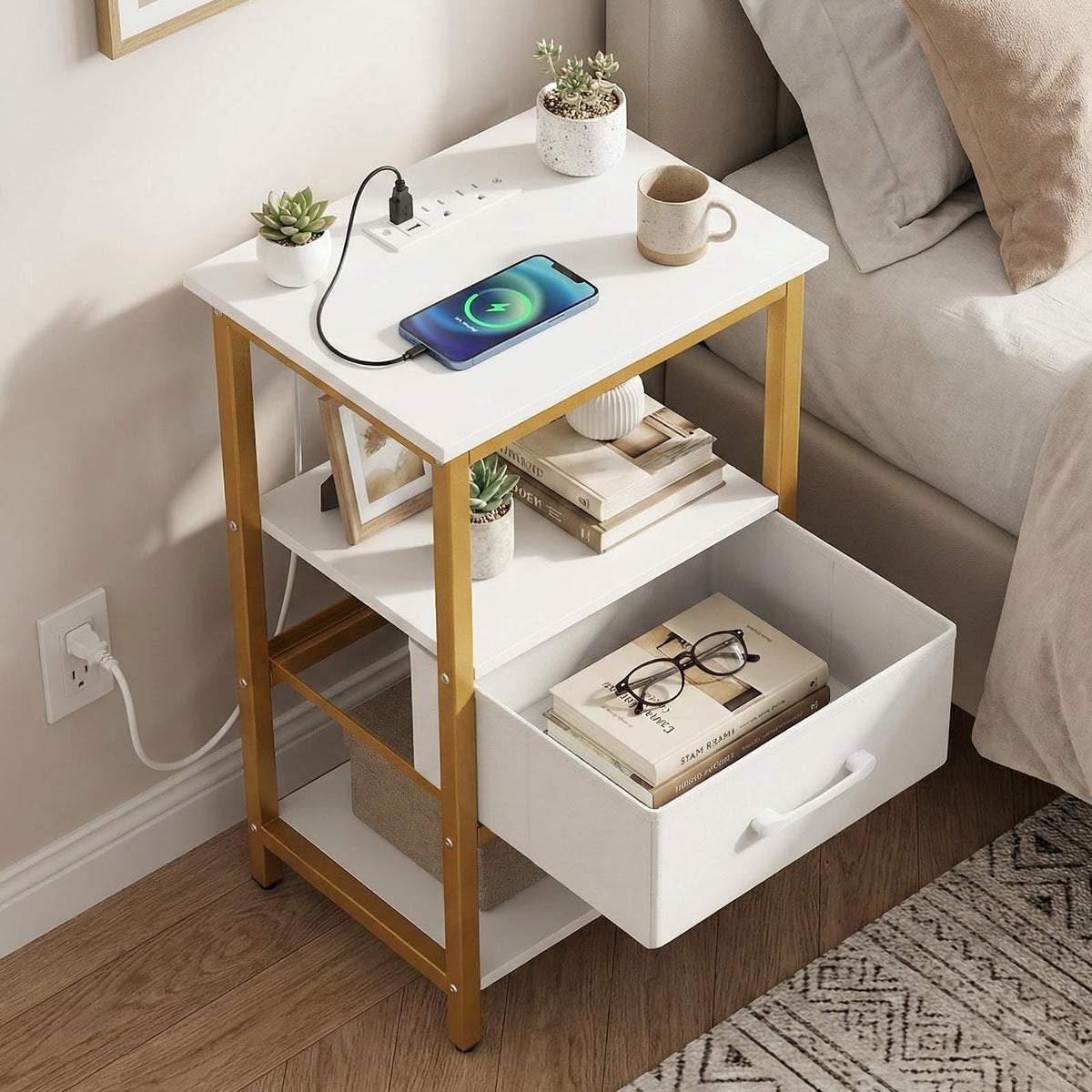 Goflame Nightstand with Charging Station and Adjustable Fabric Drawer for Bedroom and Living Room