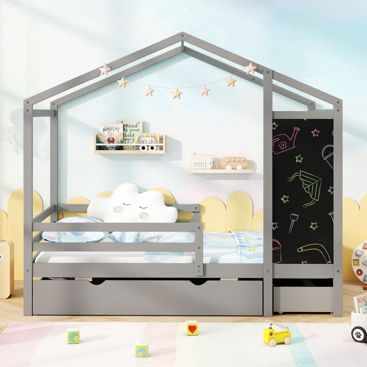 Goflame Twin Bed with 2 Storage Drawers, Solid Wood House Bed with Blackboard & Safety Guardrails