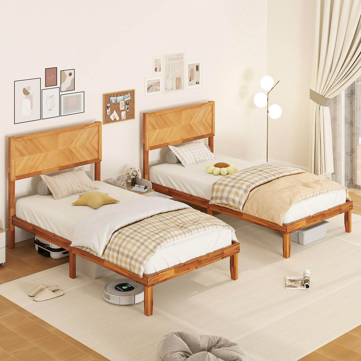 Goflame Wood Twin Bed/Full Size Bed/Queen Bed Frames with Headboard, Solid Acacia Wood Platform Bed with 12 Strong Wooden Slat Support