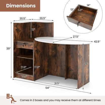 Goflame Reception Desk, Front Counter Desk with Lockable Drawer, Oval Tabletop & Adjustable Shelf